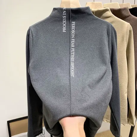 高领德绒打底衫长袖t恤女秋冬大码内搭设计感小众加绒加厚上衣服商品大图