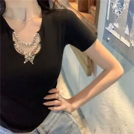 2023新款网红镂空蝴蝶链条短袖t恤女chic超火夏季露脐设计感短款商品大图