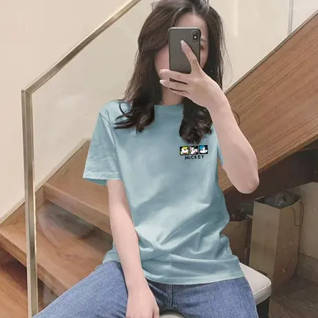 米奇潮牌纯棉t恤女2023年夏装新款减龄体恤蓝色短袖上衣打底衫图片