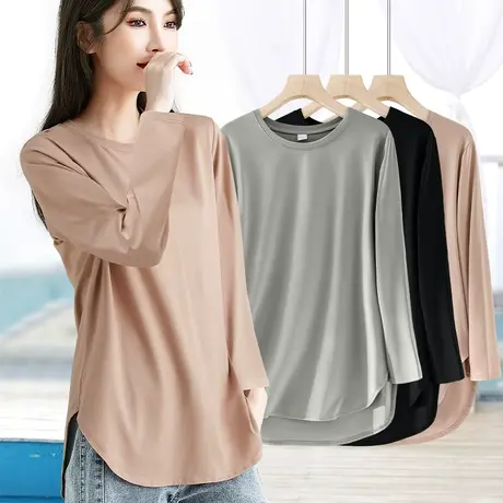 春秋外穿薄款前短后长圆角弧形下摆两侧开叉宽松长袖t恤打底衫女商品大图