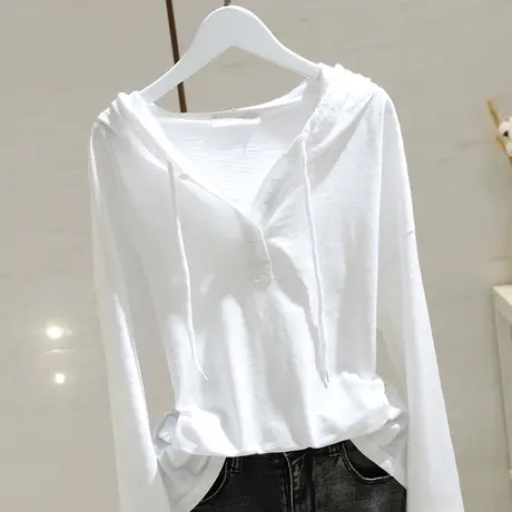 白色连帽长袖t恤女2023春秋新款宽松显瘦竹节棉内搭打底衫上衣潮商品大图