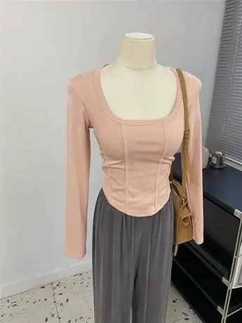 简约高级感U领大领口拼条胸大腰细掐腰紧身长袖T恤女早秋新款打底商品大图