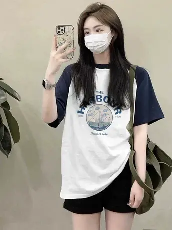 仿棉短袖t恤女2023新款夏季别致独特港味chic正肩小众设计感上衣图片