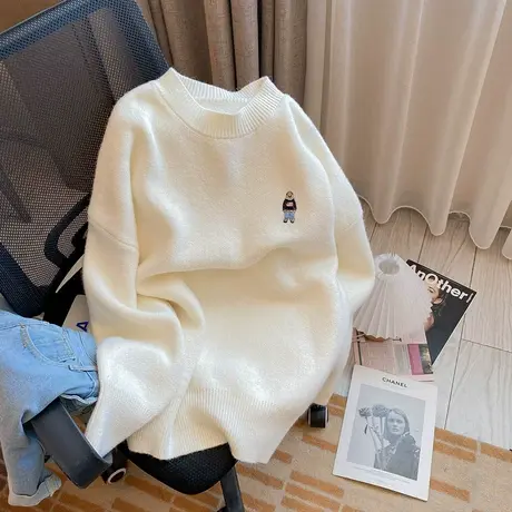 复古日系小熊毛衣女春秋冬季宽松慵懒风软糯温柔系加厚针织衫上衣图片