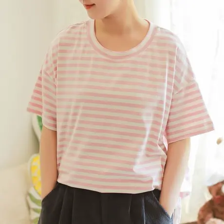 胖妹妹夏季2023新品棉质条纹短袖T恤 加大码宽松休闲韩系圆领T恤商品大图
