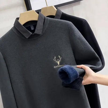 一体绒秋冬季毛衣男假两件衬衫领刺绣新款加绒加厚保暖商务针织衫商品大图