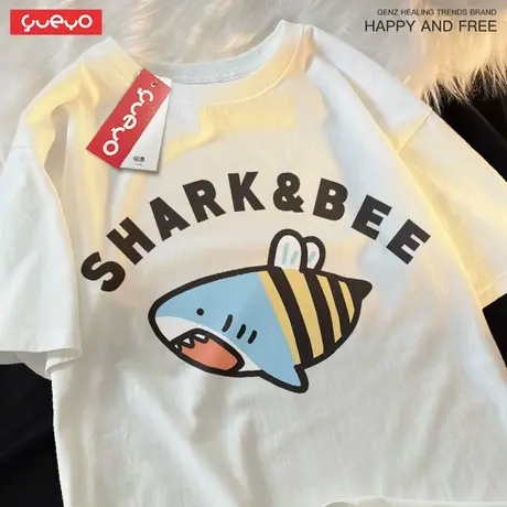 悦游「鲨BEE」多巴胺色鲨鱼蜂搞笑动物夏季纯棉短袖t恤男小众趣味商品大图