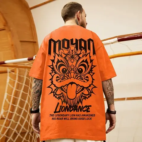 2023新款国潮醒狮t恤胖子潮流ins短袖潮牌宽松夏季大码青少年半袖商品大图