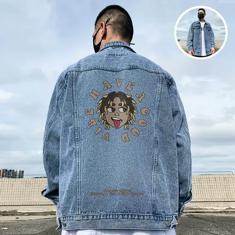 重磅牛仔外套春秋季印花高级感轻奢机车男孩2023新款翻领夹克复古图片