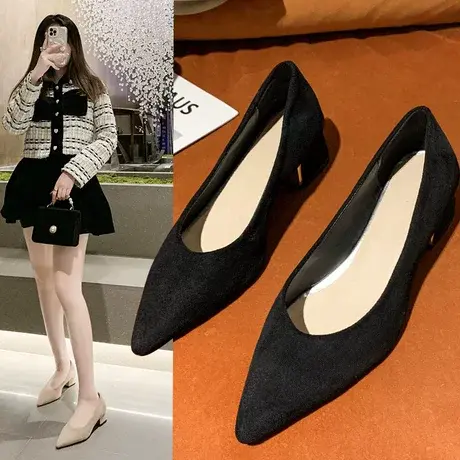 粗跟单鞋女2023新款女鞋百搭尖头中跟浅口女鞋黑色职业工作鞋商品大图