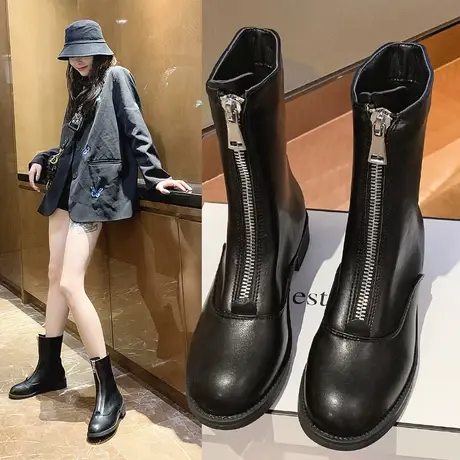 马丁靴烟筒切尔西中筒机车靴潮2023春秋季新爆款单靴英伦风短靴女图片
