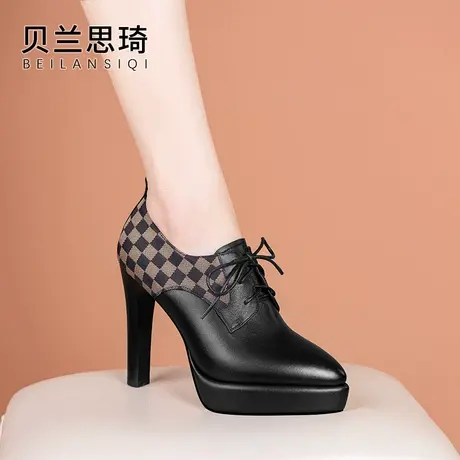 真皮尖头系带厚底粗跟单鞋女2024春秋季新款深口防水台高跟鞋图片