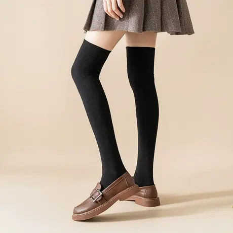 过膝袜子女冬季加绒加厚保暖显瘦秋冬款长筒袜高筒长袜黑色小腿袜商品大图