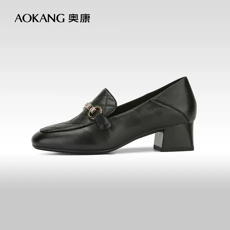 【门店发货】奥康女鞋 春秋季时尚百搭粗跟乐福鞋通勤单鞋图片