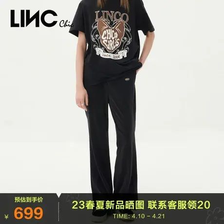 LINC金羽杰2023夏秋季新款弹力松紧腰头休闲宽腿长裤女S232KP126Y商品大图