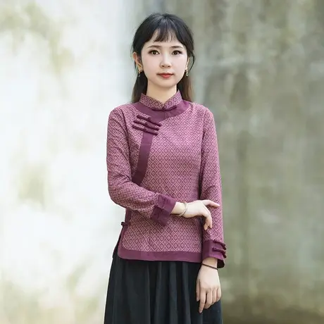 筠雅唐装女中国风改良旗袍上衣棉麻长袖复古气质禅意素衣中式女装商品大图