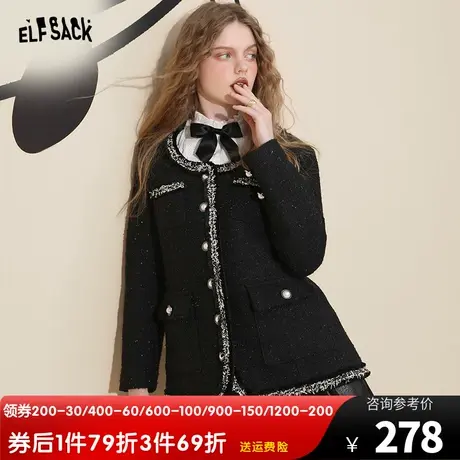 妖精的口袋黑色小香风外套女2022秋冬季新款小个子粗花呢气质宽松商品大图