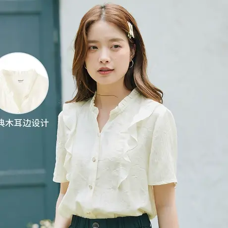 茵曼2023年夏季新款女装花边木耳领短袖衬衣图片