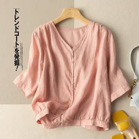 七分袖苎麻上衣V领衬衫文艺复古宽松休闲小衫2022春夏新款棉麻T恤图片