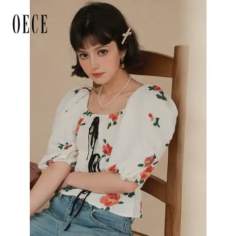 Oece设计感小众短袖上衣2023春夏季新款复古花朵方领衬衫商品大图