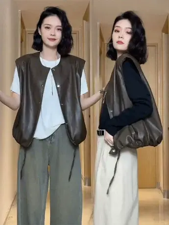 欧货洋气圆领抽绳pu皮衣马甲外套女春秋季设计感小众无袖坎肩马夹图片