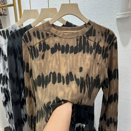 欧货复古风扎染圆领长袖T恤女2023秋装新款百搭洋气内搭打底小衫商品大图