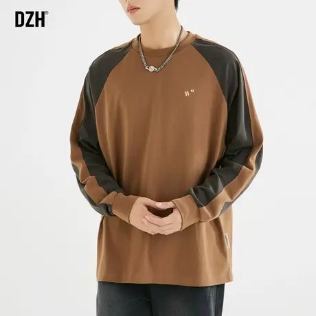男士美式长袖t恤打底衫男秋季2023新款衣服男款拼接卫衣宽松内搭商品大图