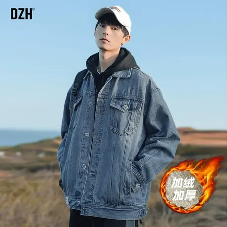 男士加绒牛仔外套男秋冬2023新款宽松加厚夹克美式复古蓝色牛仔衣商品大图
