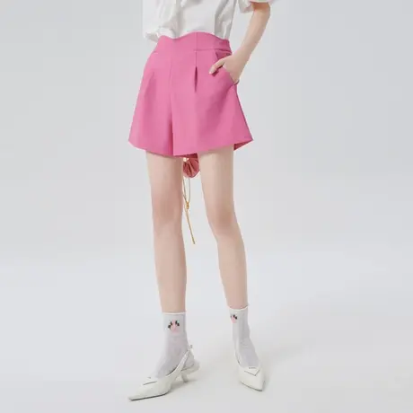 艾莱依弧形百搭短裤女夏季新款阔腿显瘦潮流百搭粉色裤子梨形身材图片