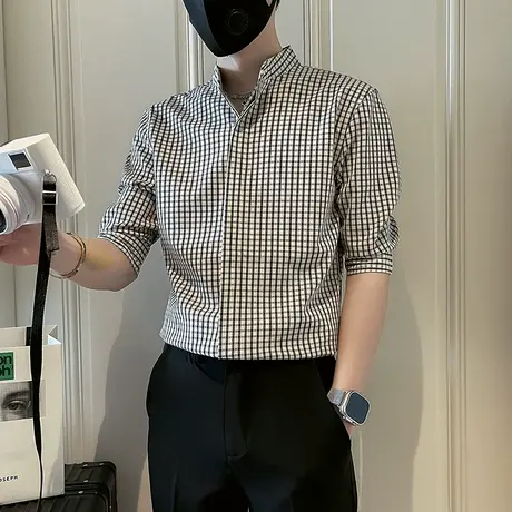 夏季潮牌五分袖格子衬衫男ins休闲立领寸衫潮流轻熟韩版衬衣半袖商品大图
