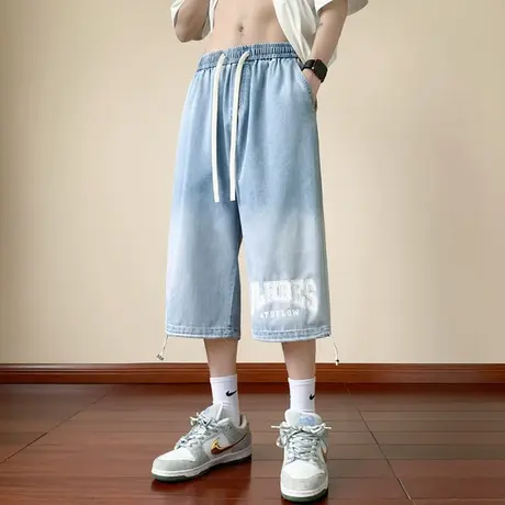 冰丝凉感牛仔裤子男夏季宽松直筒七分裤男青少年水洗渐变休闲短裤商品大图
