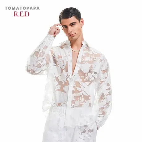 TOMATOPAPA高级定制R系列意式网纱长袖衬衫翻领开衫家居装可外穿商品大图