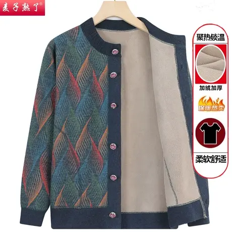 中老年人毛衣外套女奶奶秋冬装加绒妈妈保暖上衣70岁80老太太外套图片