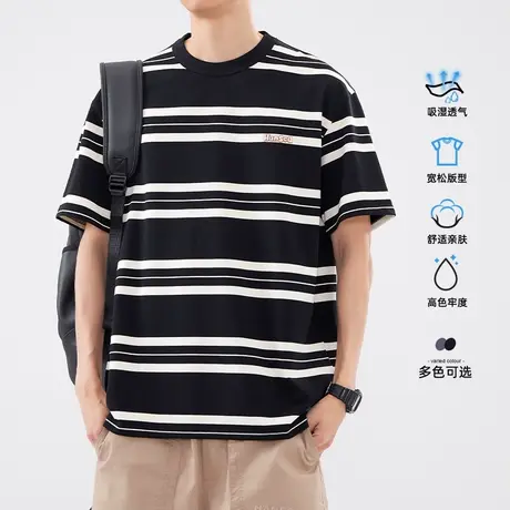 hansca 美式复古条纹短袖t恤男夏季新款宽松休闲圆领撞色半袖上衣商品大图