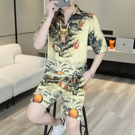 POLO衫冰丝套装男士2025夏季新款潮流薄款短袖短裤两件套潮牌男装商品大图