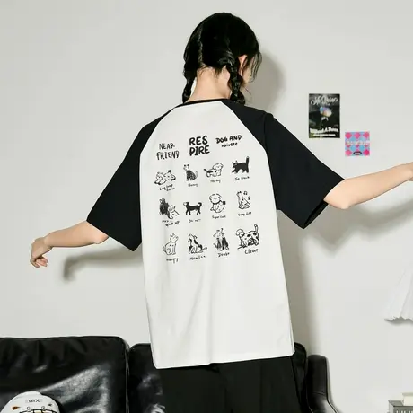 唐狮新款上衣女插肩袖手绘卡通设计感动物撞色内搭短袖宽松T恤图片
