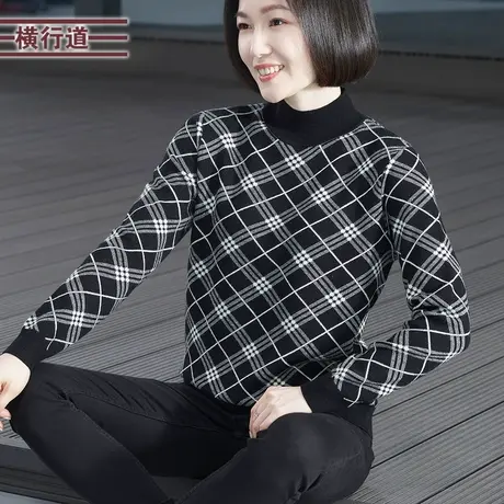 复古菱格子针织衫女装毛衣半高领格子宽松长袖2023冬季上衣服新款图片