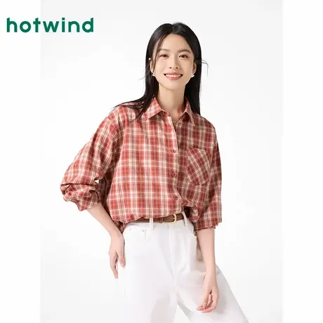 热风长袖格子衬衫2025年春季新款女士安克拉红打底衬衣格纹上衣图片