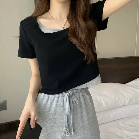 美式辣妹假两件别致短袖T恤女夏季新款设计感小众不规则短款上衣图片