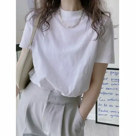 高级感白色半高领短袖正肩t恤女夏纯棉纯色半袖打底衫基础款上衣图片