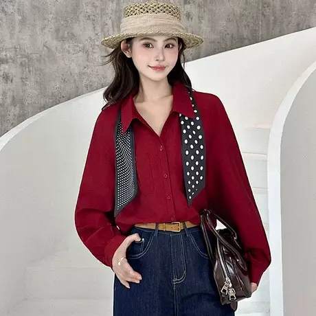 拉夏贝尔时尚衬衫女设计感早秋2025新款宽松廓形翻领休闲褶皱衬衫商品大图