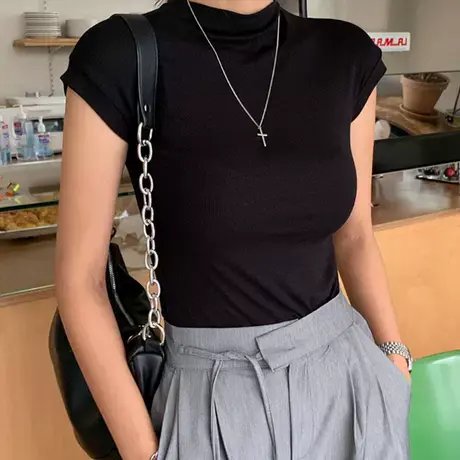 QM276气质半高圆领 性感显身材紧身薄款短袖T恤女td图片