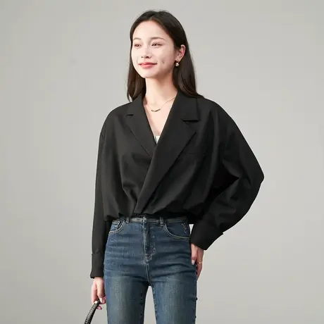 娅丽达羊毛莱赛尔灰色花苞西装外套女2025秋装新款小个子宽松上衣商品大图