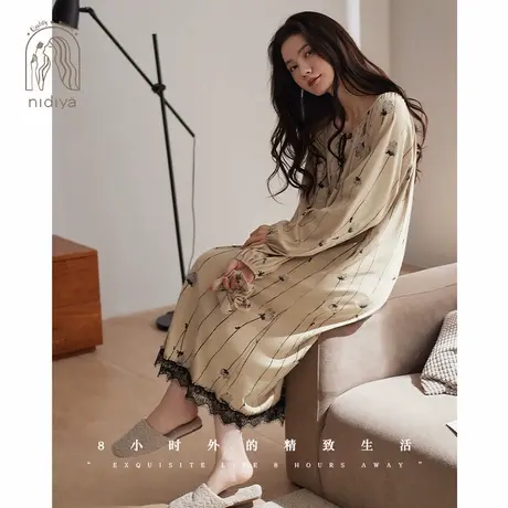 妮狄娅睡衣睡裙女秋季长袖柔软棉复古中长裙春秋季法式气质家居服商品大图