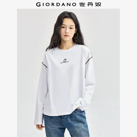佐丹奴T恤女装纯棉品牌花朵贝壳绣针织圆领长袖T恤 05324793图片