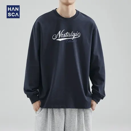 hansca 春秋季305g纯棉长袖t恤男美式复古宽松圆领印花内搭打底衫商品大图