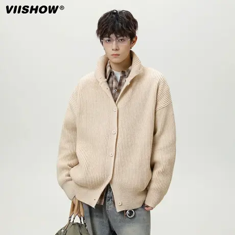 VIISHOW复古高领针织开衫男秋季潮牌宽松立领夹克情侣款毛衣外套商品大图