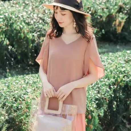 桔熊夏季简约凉爽雪纺衫纯色V领花苞袖露背上衣少女大码AB14720图片