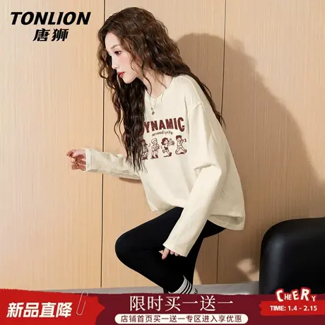 唐狮官方纯棉宽松长袖t恤女2026新款春秋款女士休闲显瘦上衣女VB商品大图