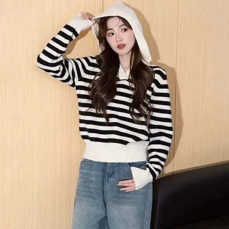 唐狮秋冬经典条纹设计连帽套头毛衣女春秋可外穿高级感毛衣女tu图片